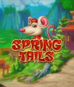 A charming illustration of a white rat wearing a red traditional Chinese outfit standing in a vibrant landscape with mountains. The image is for the Spring Tails game by Betsoft, highlighted with striking gold and red logo lettering.